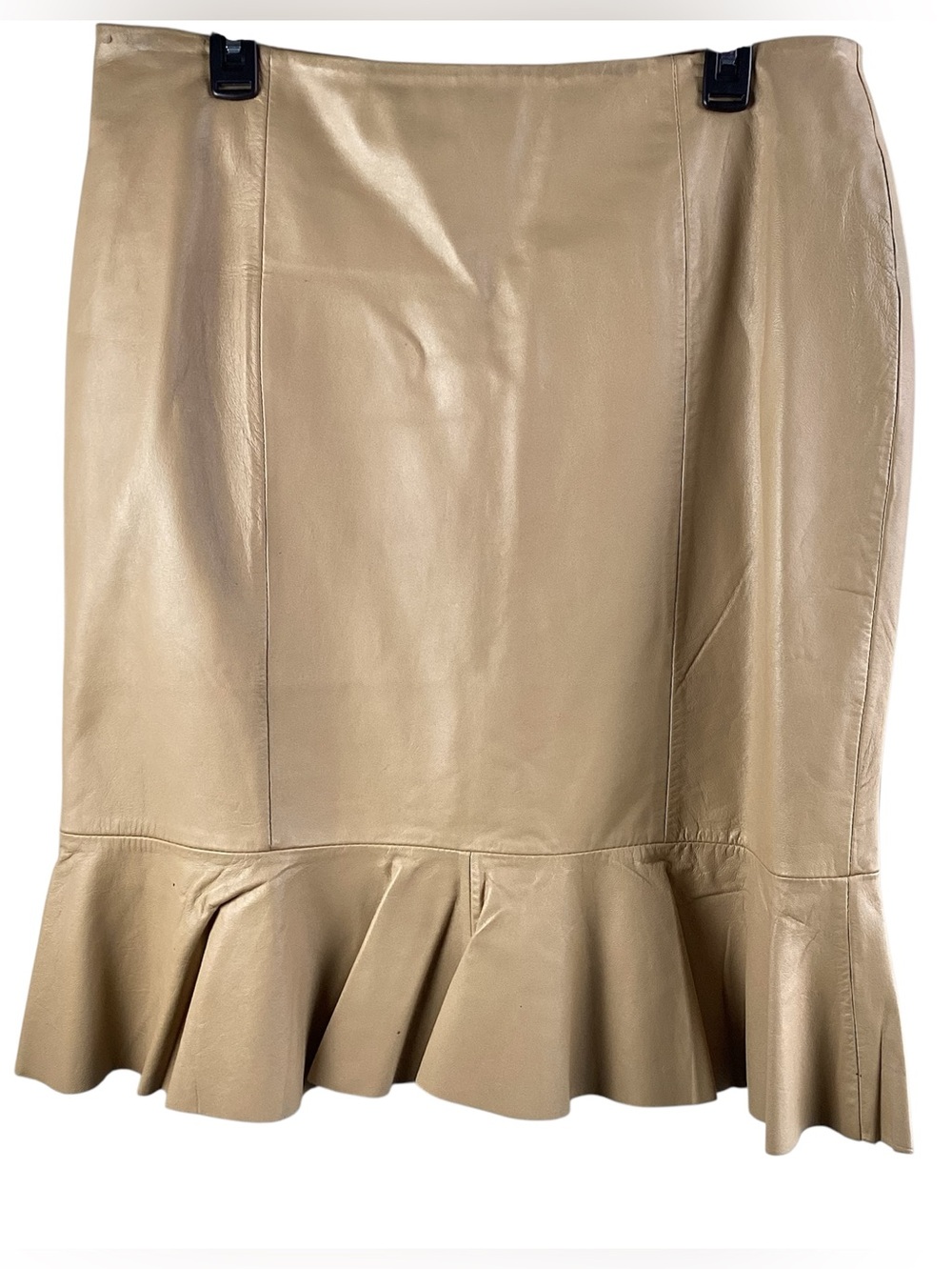 Dialogue Beige 100% Leather Peplum Hem Pencil Skirt